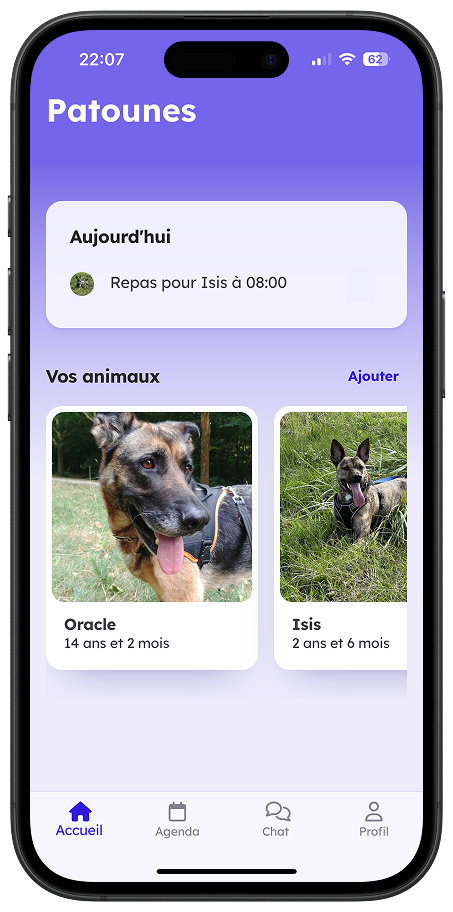 Interface de l'application Patounes montrant la gestion des animaux de compagnie