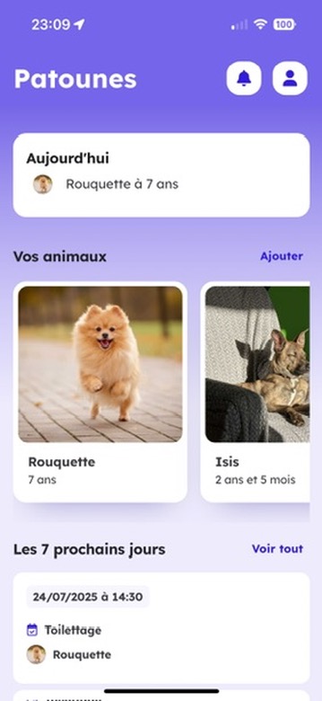 Interface de l'application Patounes montrant la gestion des animaux de compagnie